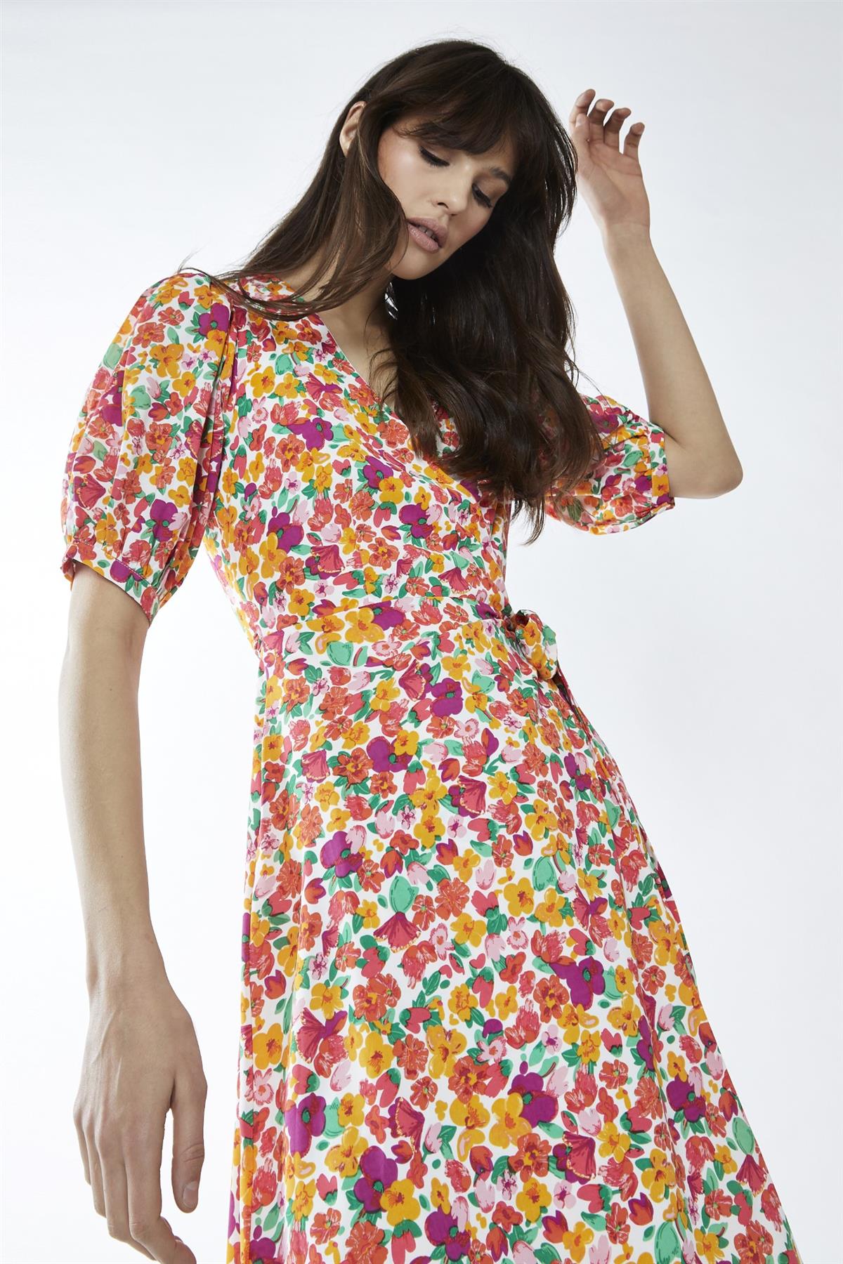 Bright-Floral Wrap Midi-Dress