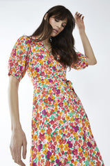 Bright-Floral Wrap Midi-Dress
