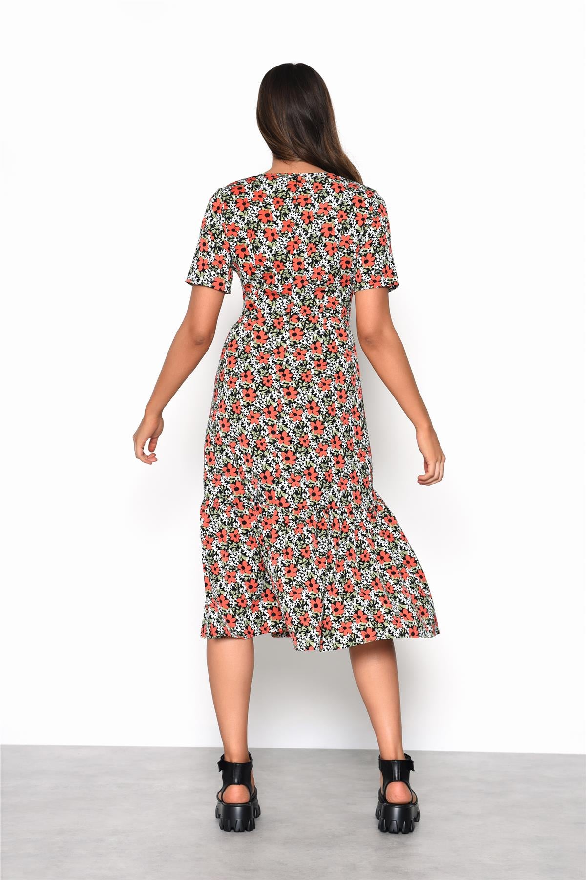 Bold-Multi-Floral V-Neck Midi-Dress
