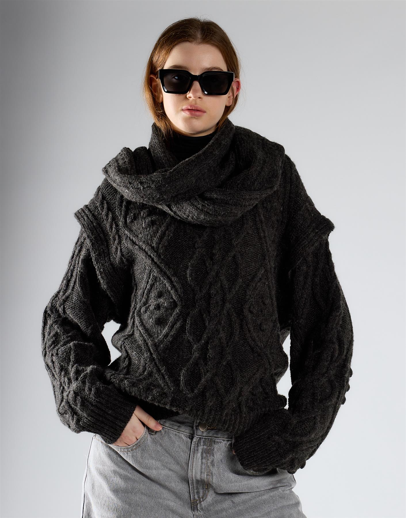 Charcoal Scarf Knit Top