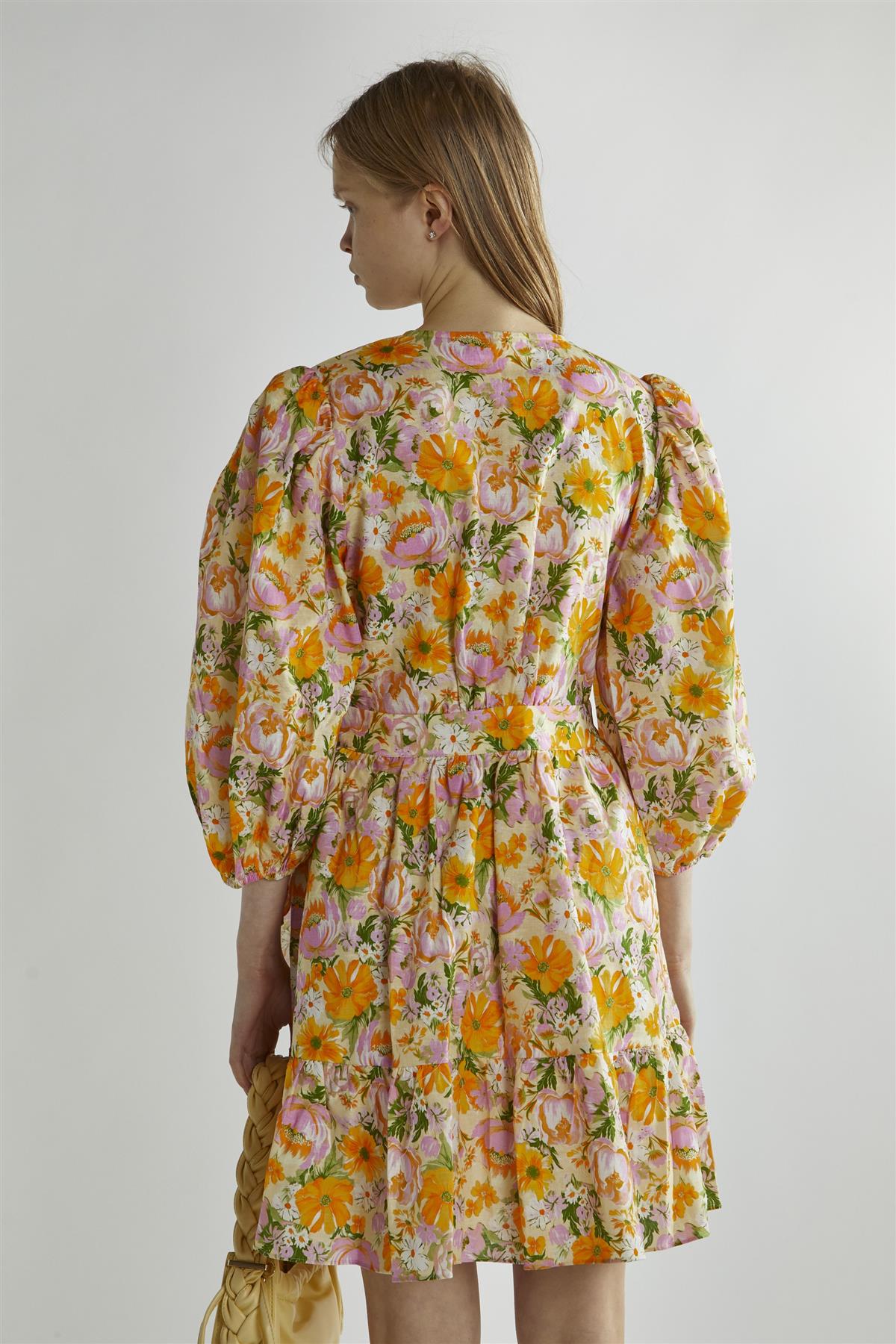Multi Wallpaper Floral Puff Sleeve Mini Dress
