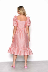 Light Coral Textured Square Neck Puff Sleeve Empire line Midaxi Dress with Tiered Oversized Skirt