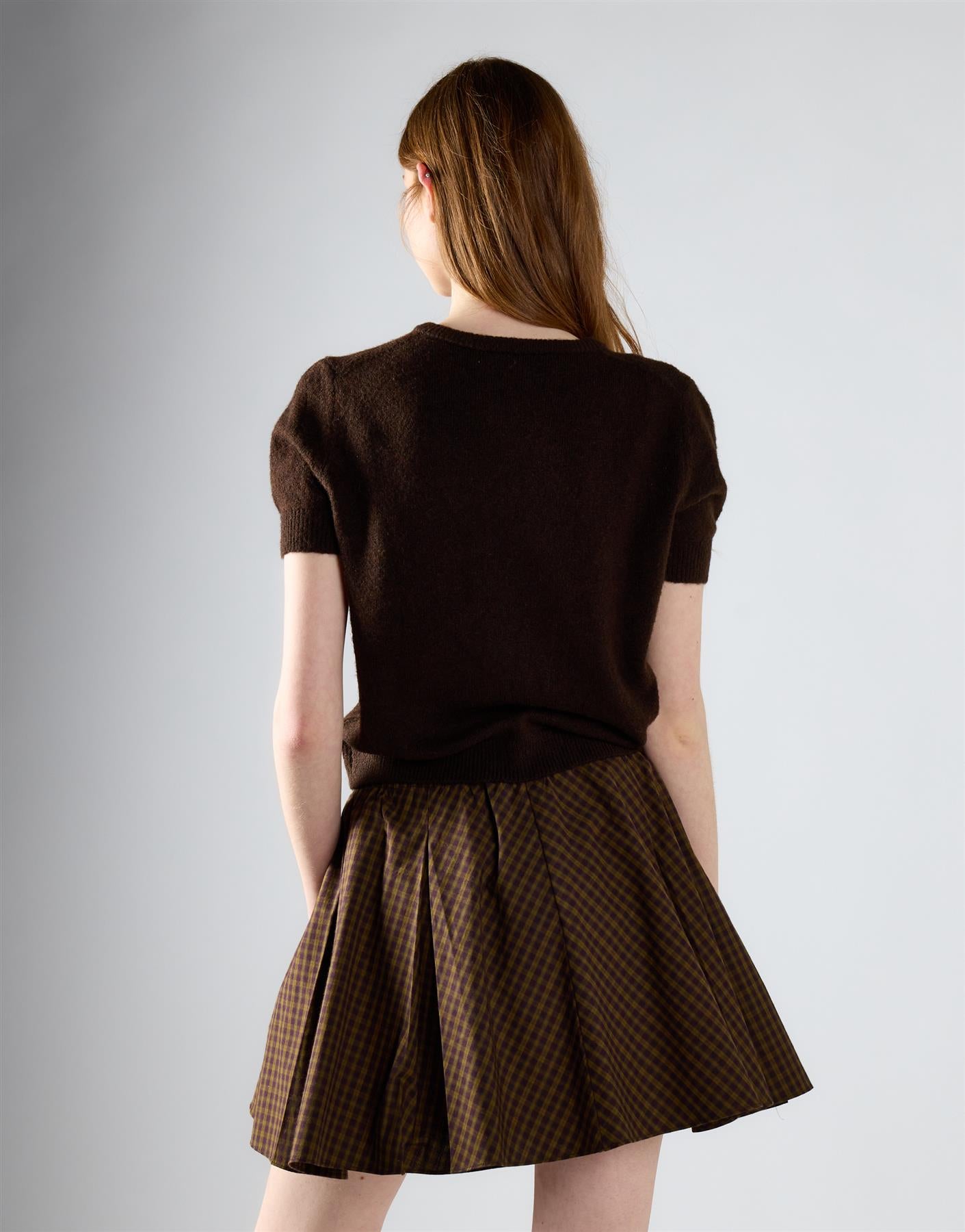 Khaki Brown Check Pleated Mini Skirt