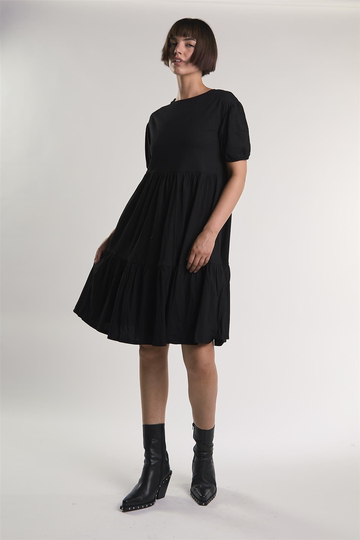 Black Tiered-Smock Midi-Dress