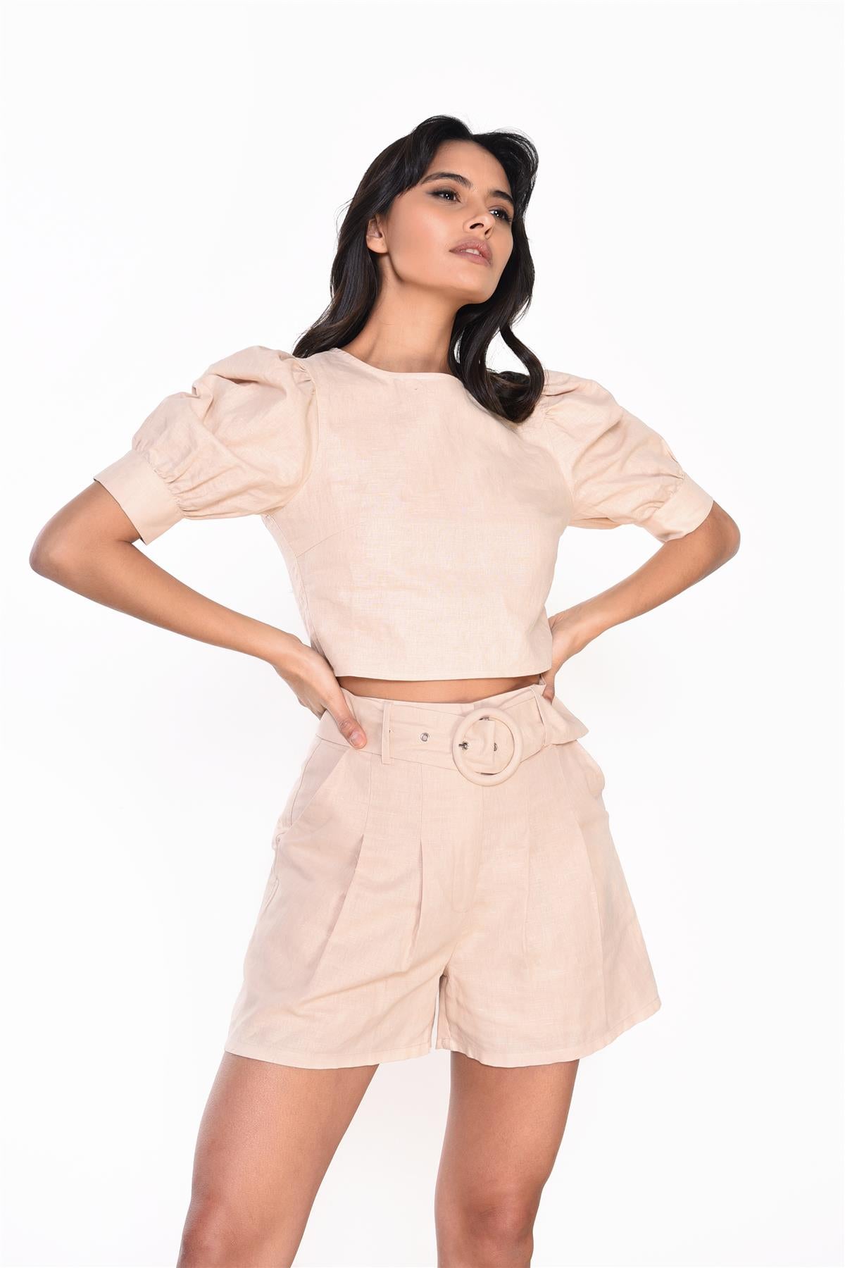 Stone High-Waisted Belted-Shorts