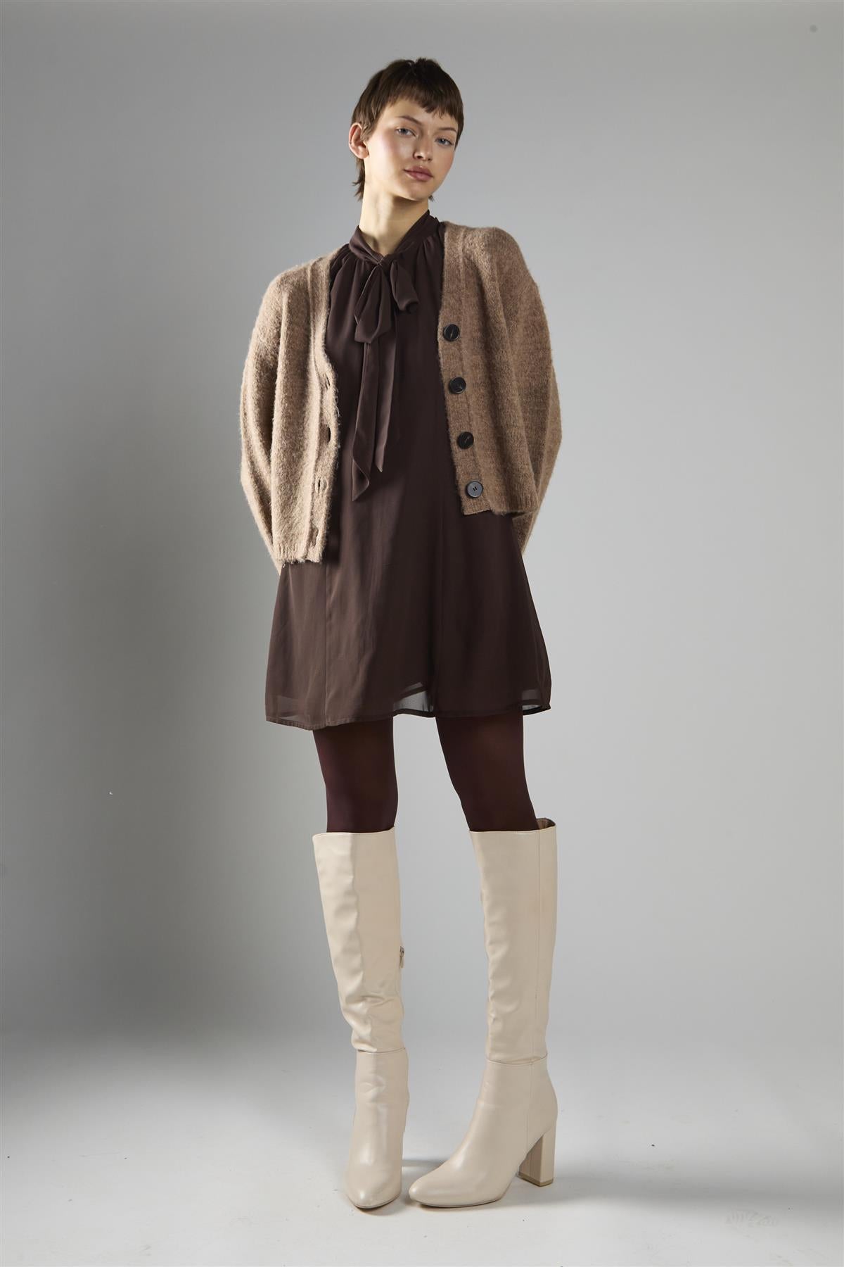 Brown Marl V-Neck Button-Front Long Sleeve Cardigan