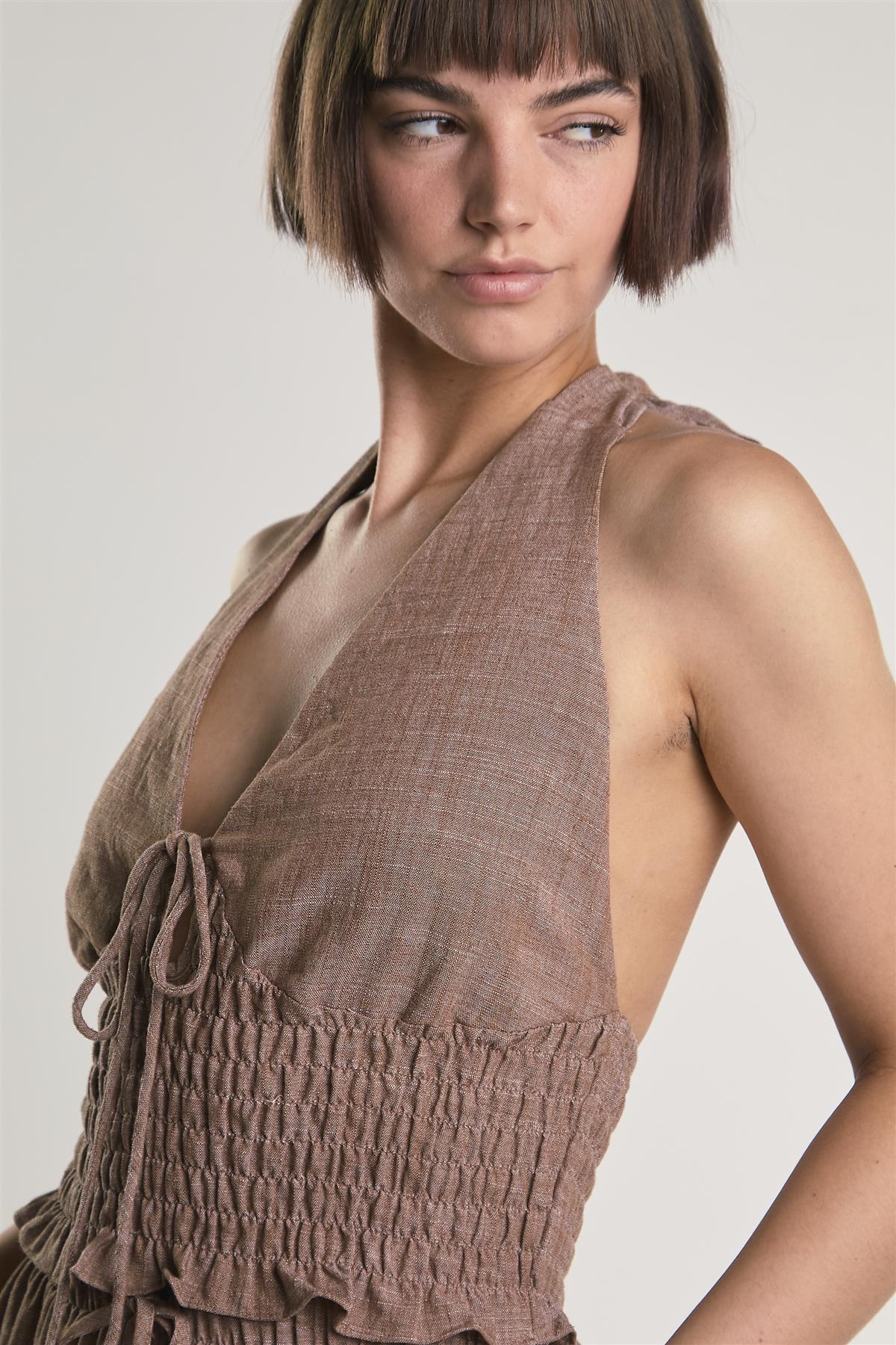Mid Brown Fleck Smocked Halter Top