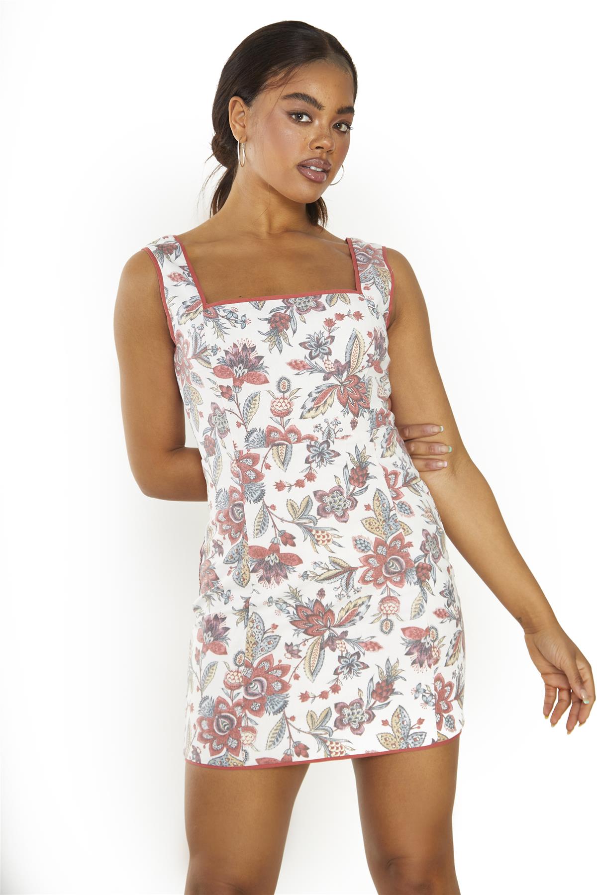 Rustic Floral Rib Square Neck  Mini-Dress