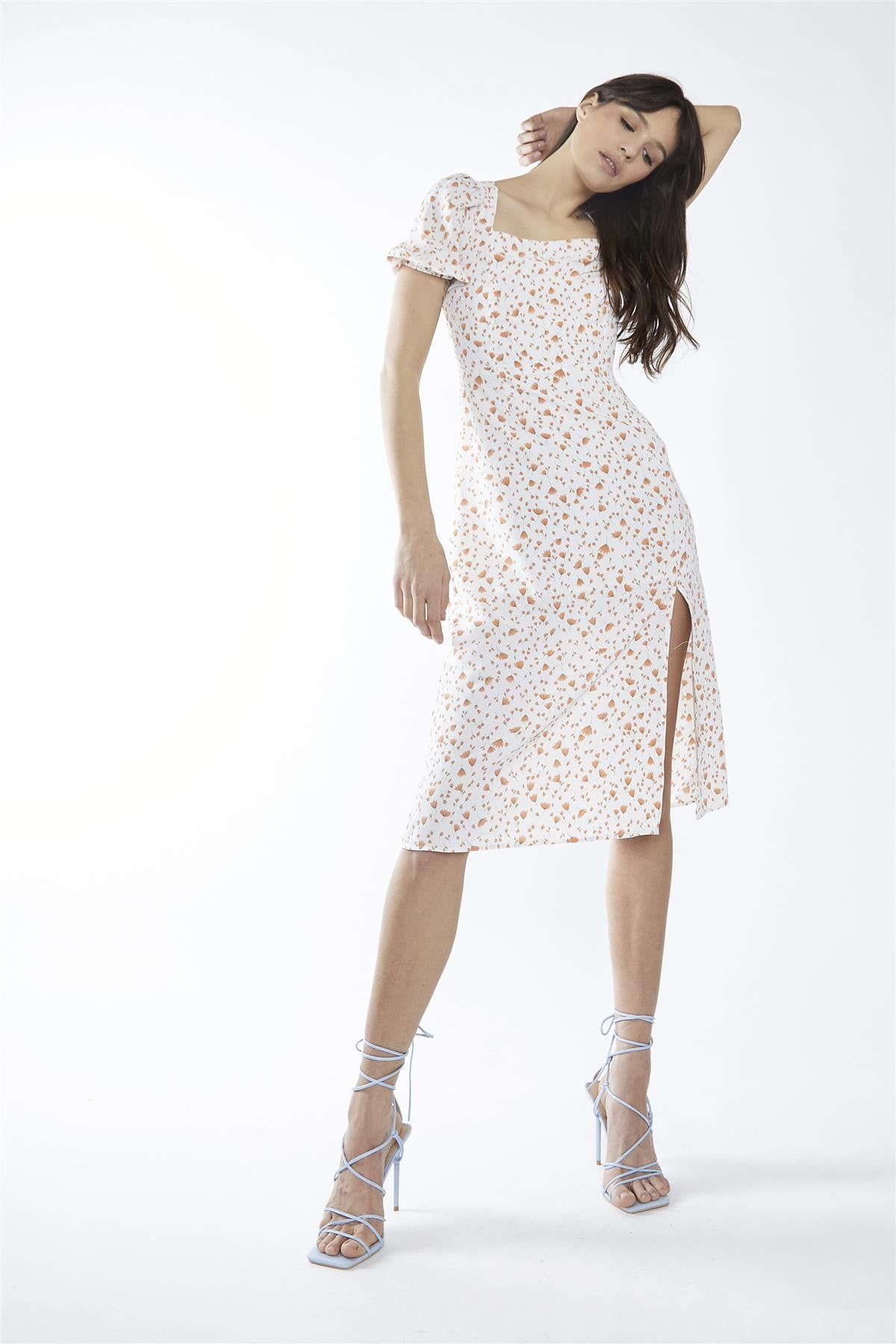Coral Tulip Ditsy Square-Neck Midi-Dress