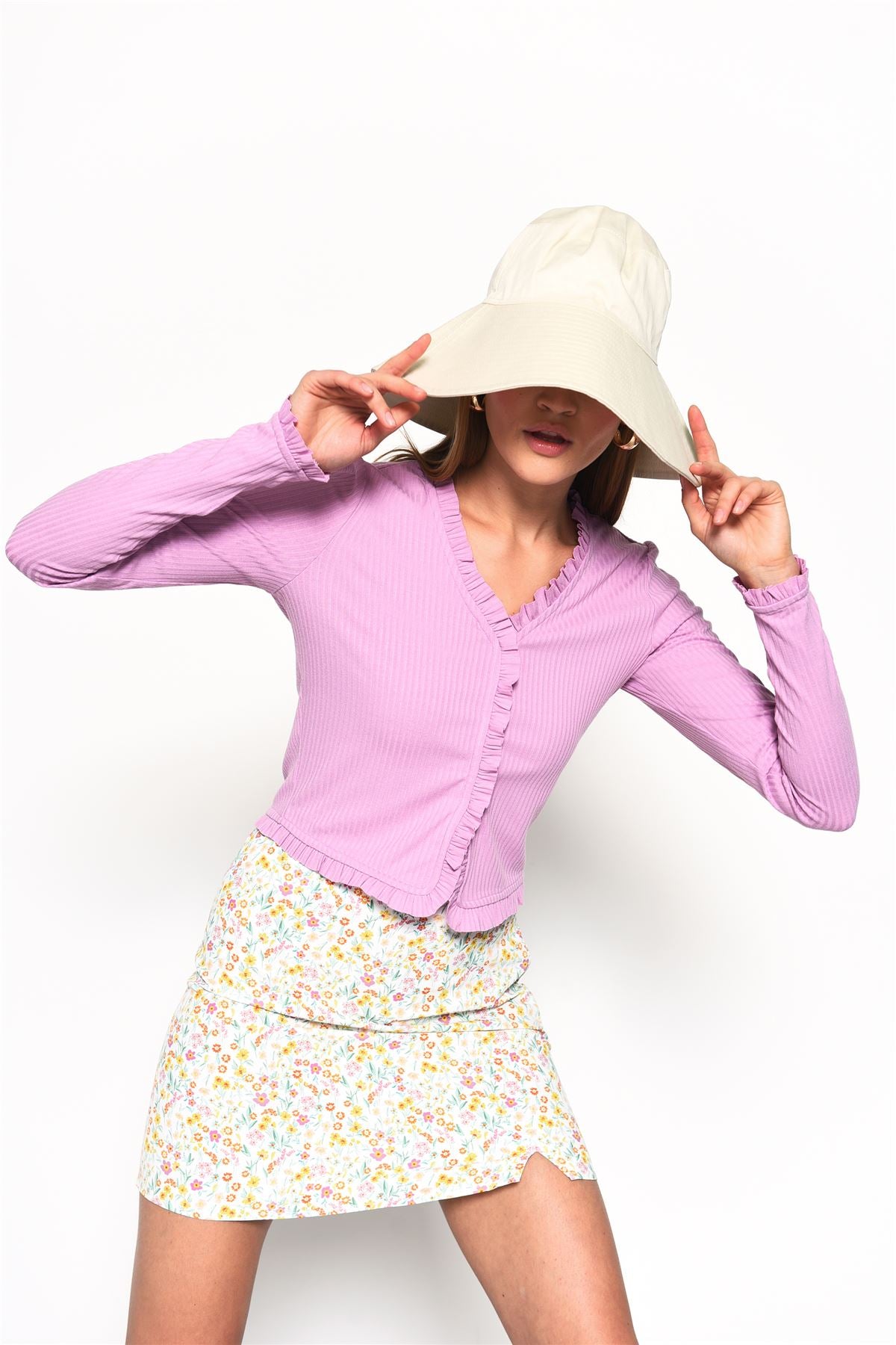 Orchid Long Sleeve Ruffle Detail Ribbed Top
