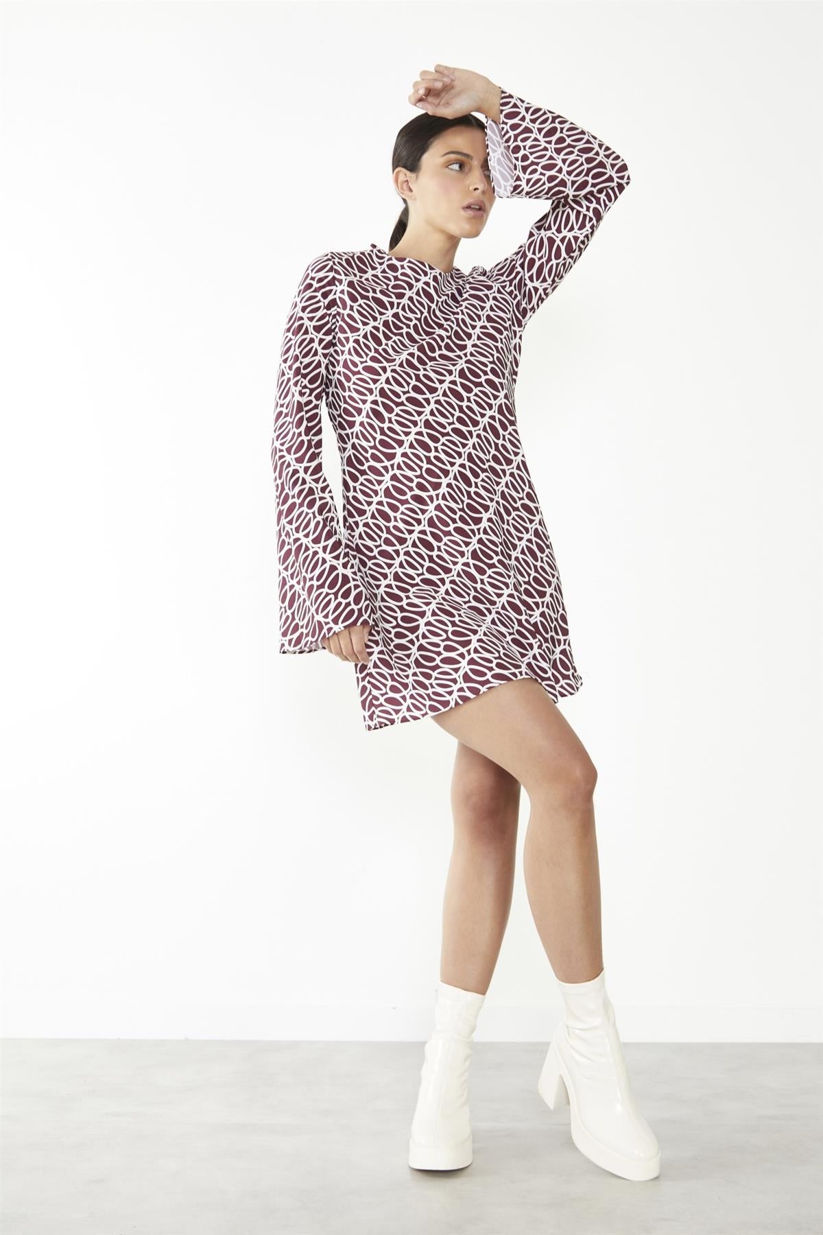 Burgundy Squiggle Print Short Dress