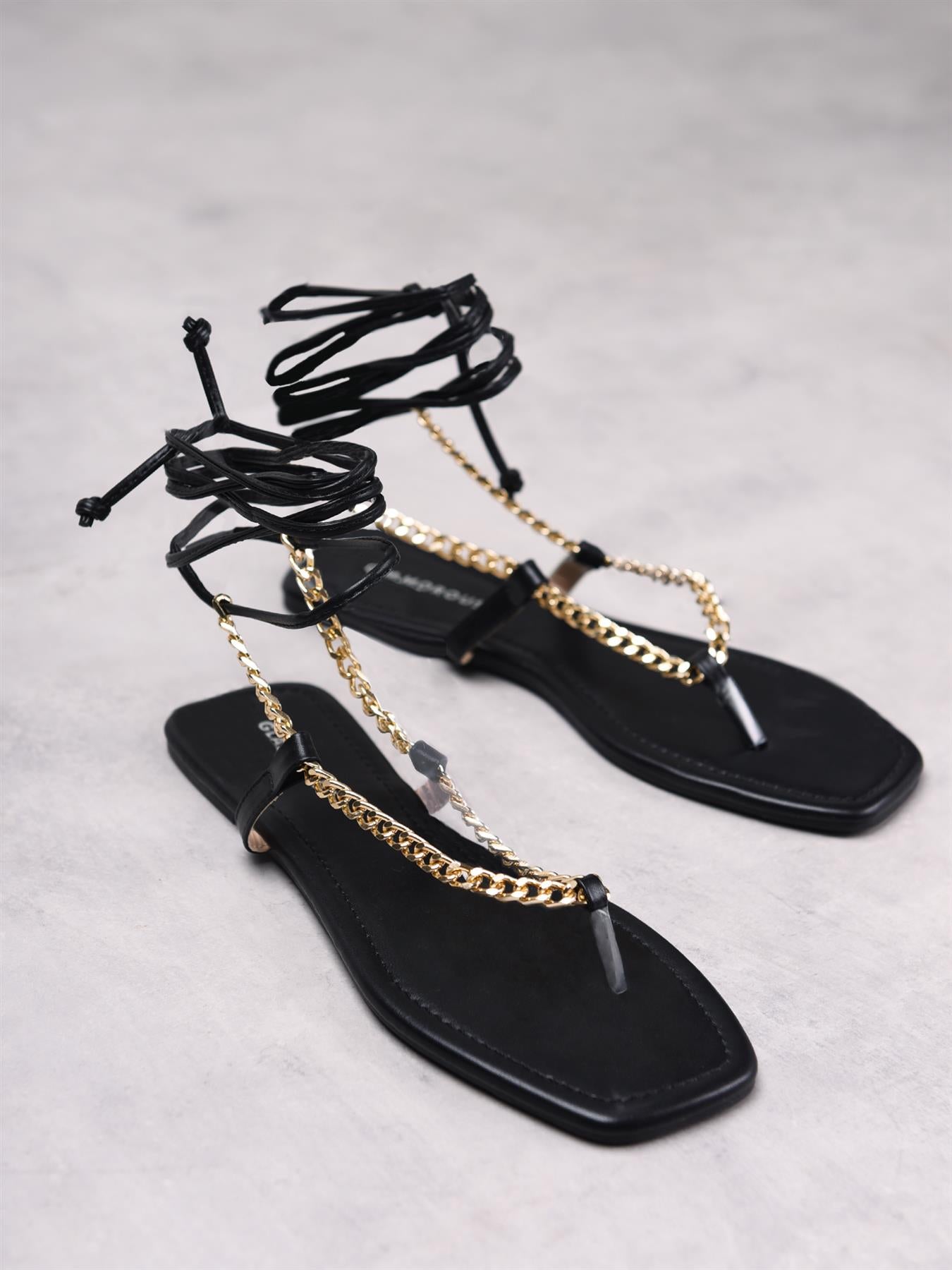 Black Tie Ankle Gold Chain Sandals