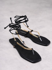 Black Tie Ankle Gold Chain Sandals