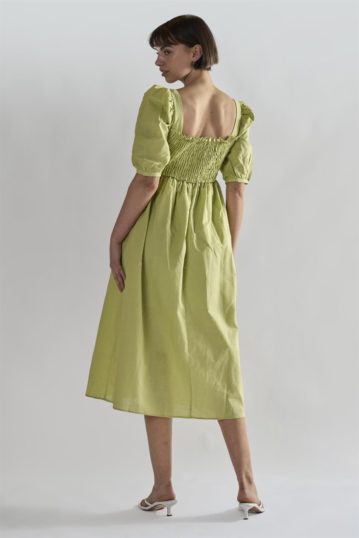 Pistachio Square Neck Short Sleeve Midi Dresses