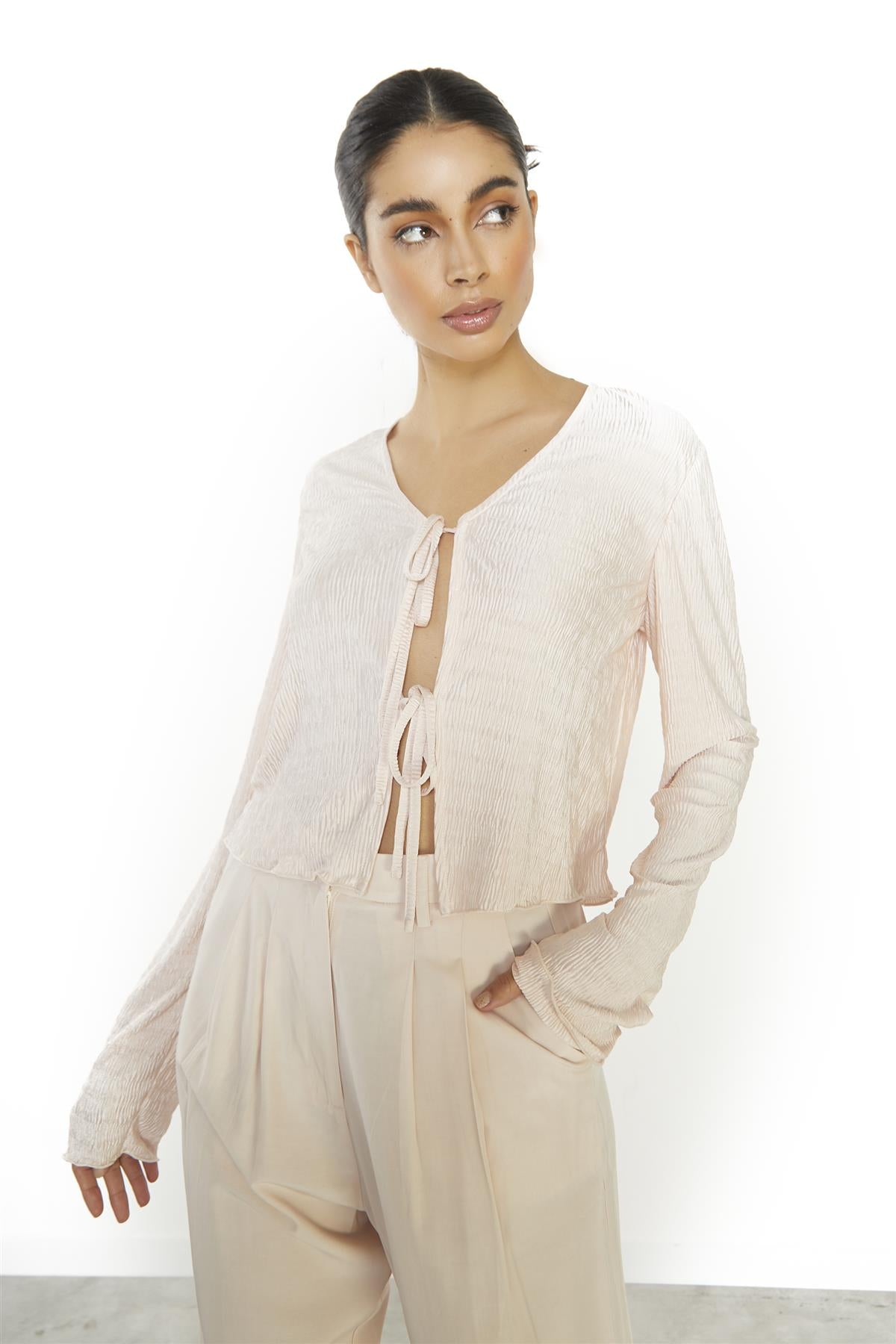 Soft-Pink-Plisse Front-Tie Long-sleeve-Top