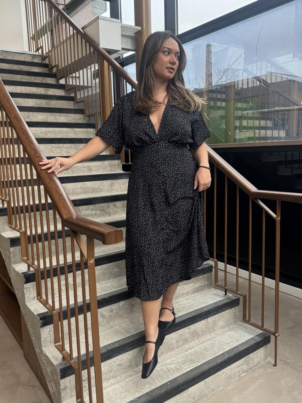 V - Neck Maxi Dress - Black White Dot