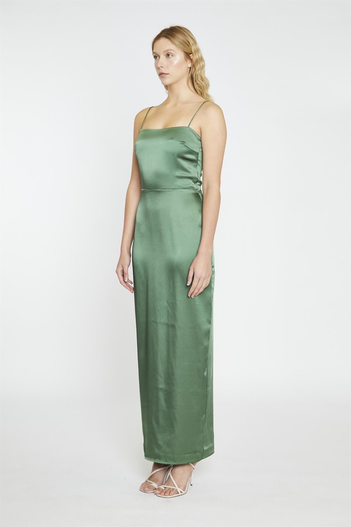 Forest Green Satin Maxi-Dress
