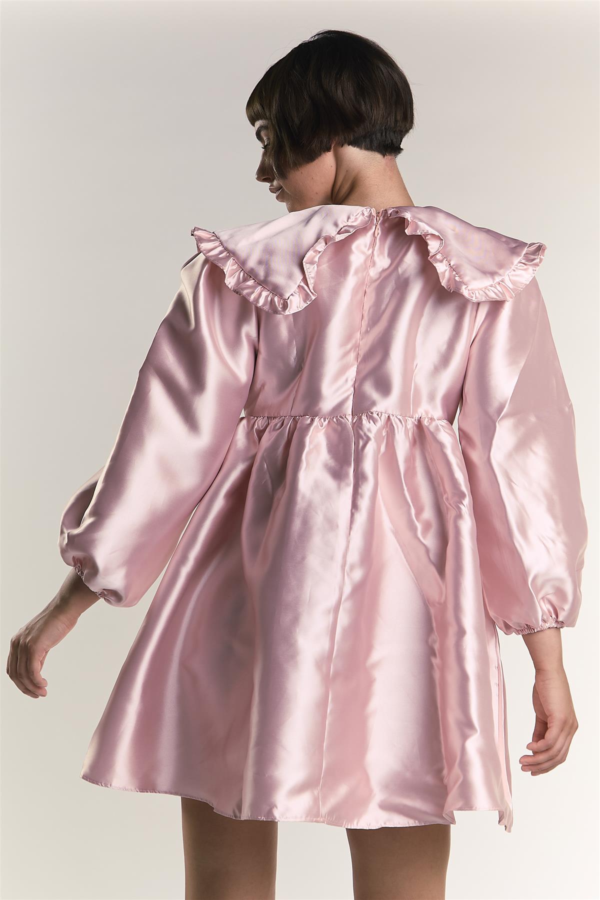 Soft Pink Satin A-Line Collared Dolly Dress