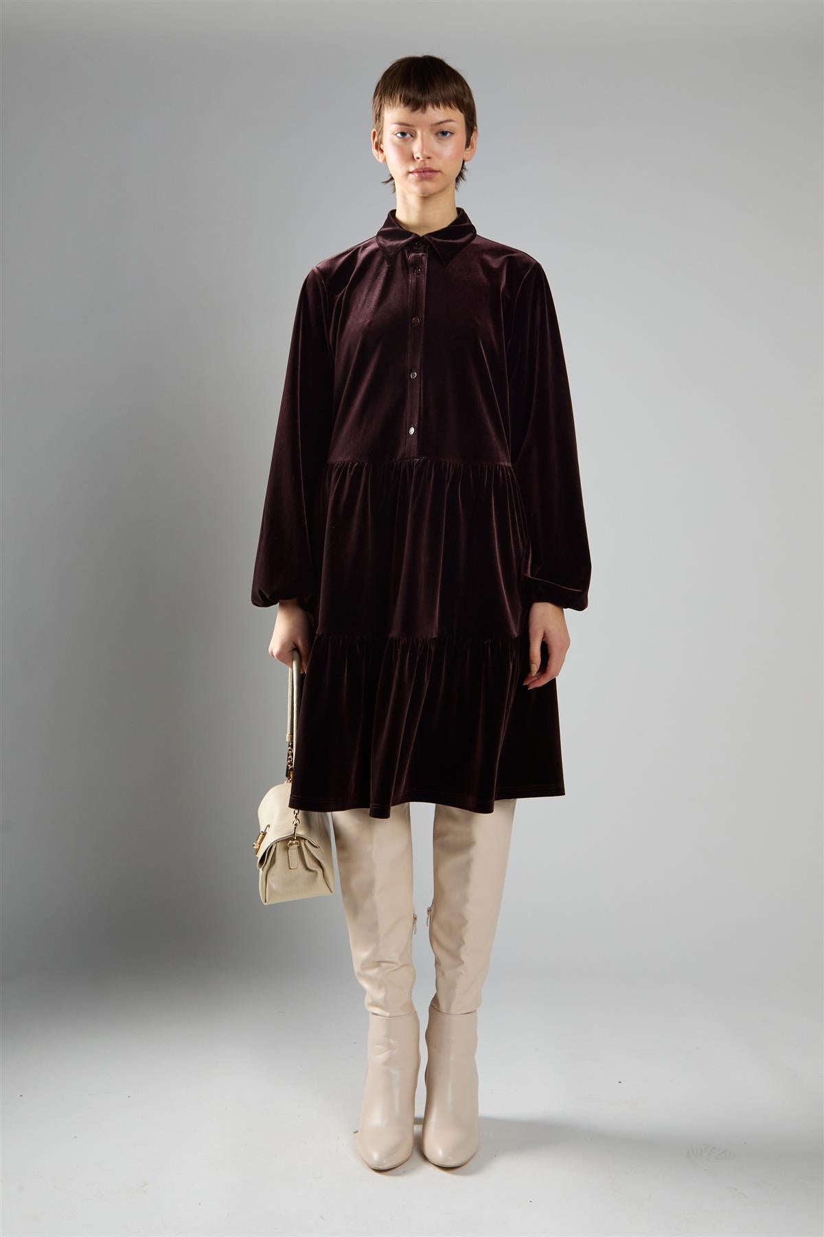 Brown Velvet A-Line Long Sleeve Midi Dress