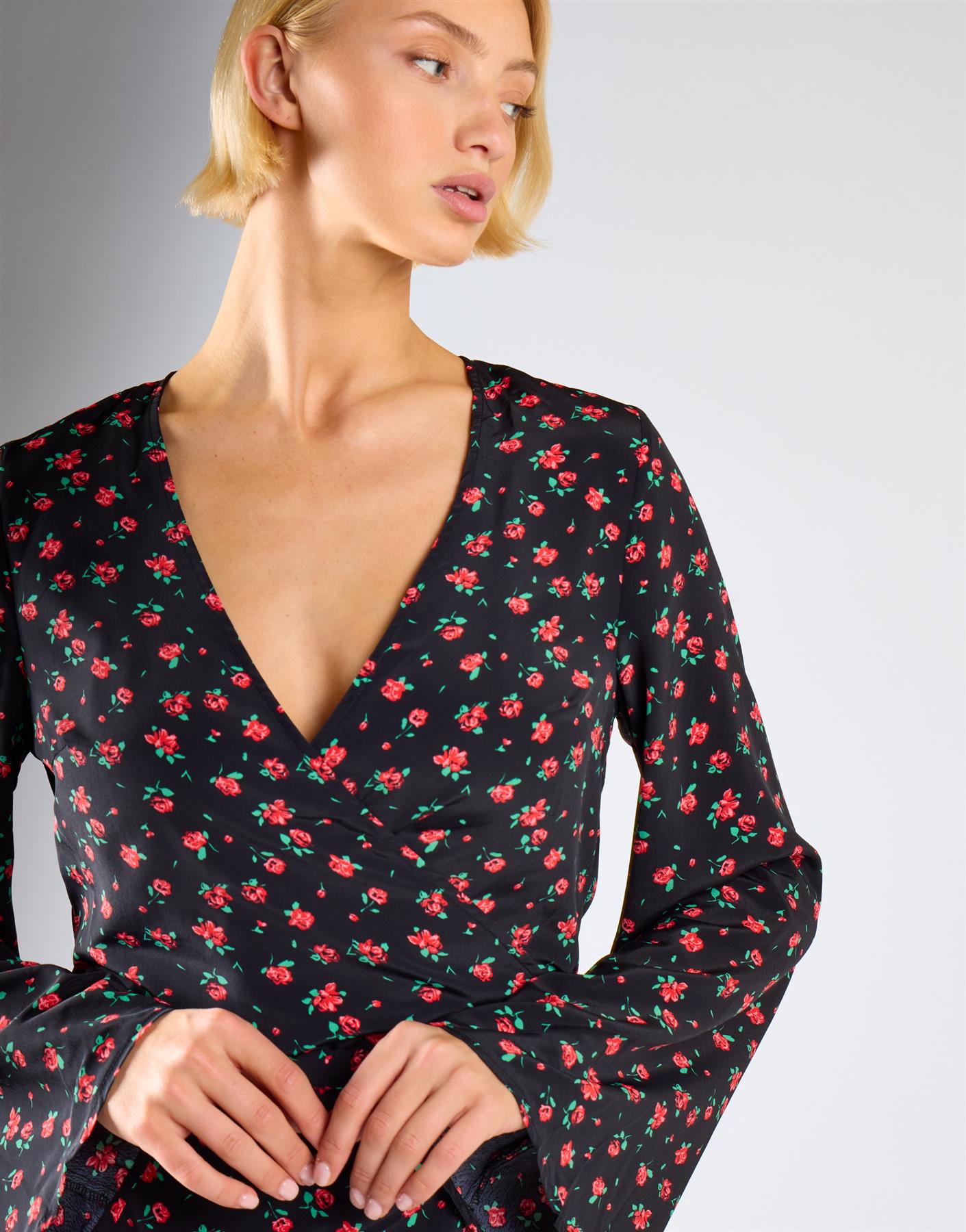 Black Red Roses Wrap Tie Waist Top