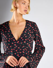 Black Red Roses Wrap Tie Waist Top