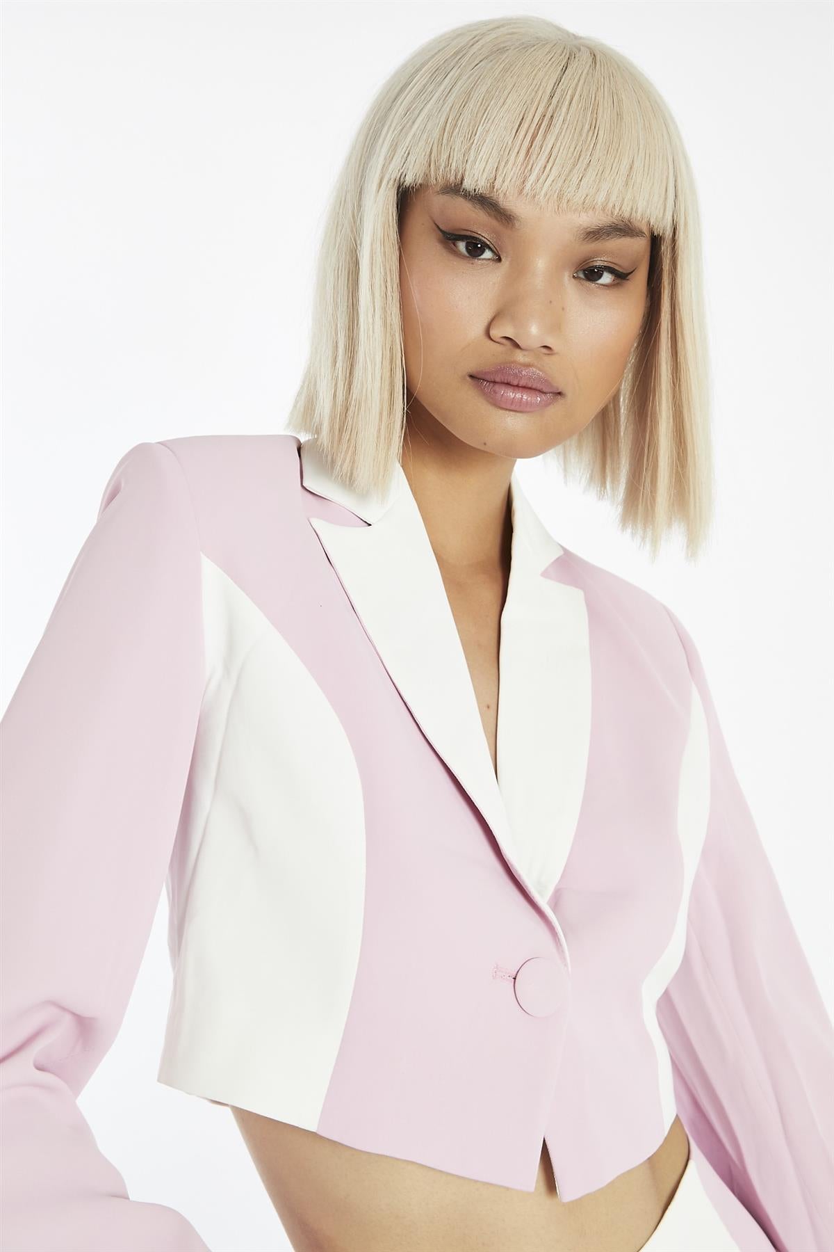 Pink-White-Colour-Block Button-Front Crop-Blazer