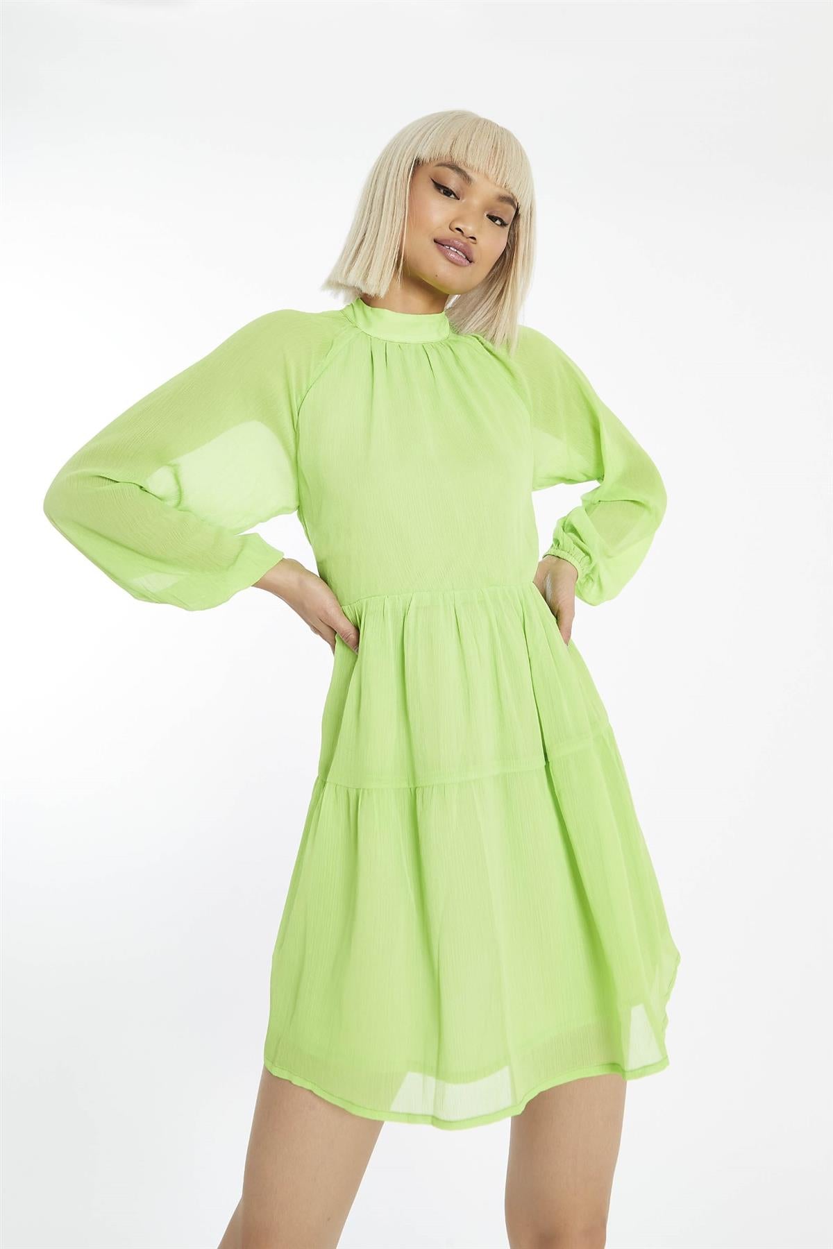 Acid-Lime Long-Sleeve-Open-Back Mini-dress