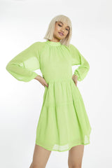 Acid-Lime Long-Sleeve-Open-Back Mini-dress