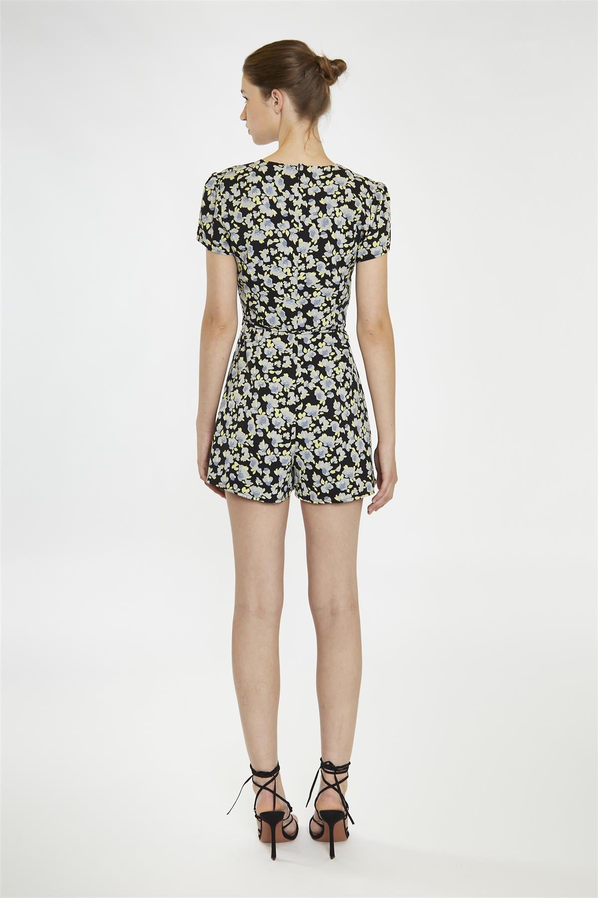 V Neck Short Sleeve Playsuit - Black Grey Flower