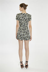 V Neck Short Sleeve Playsuit - Black Grey Flower