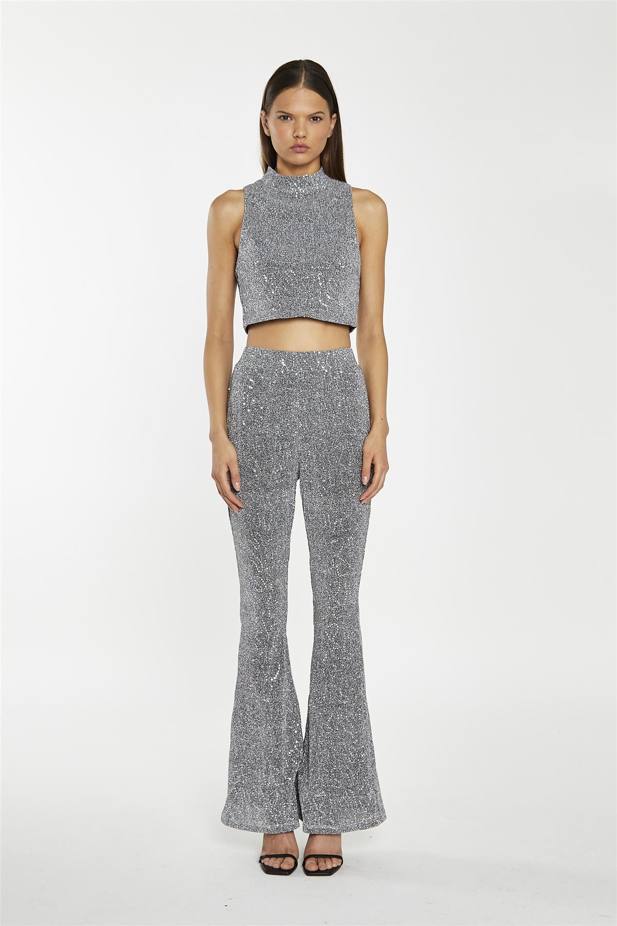 Silver-Sequin Plisse  Flared-Trousers