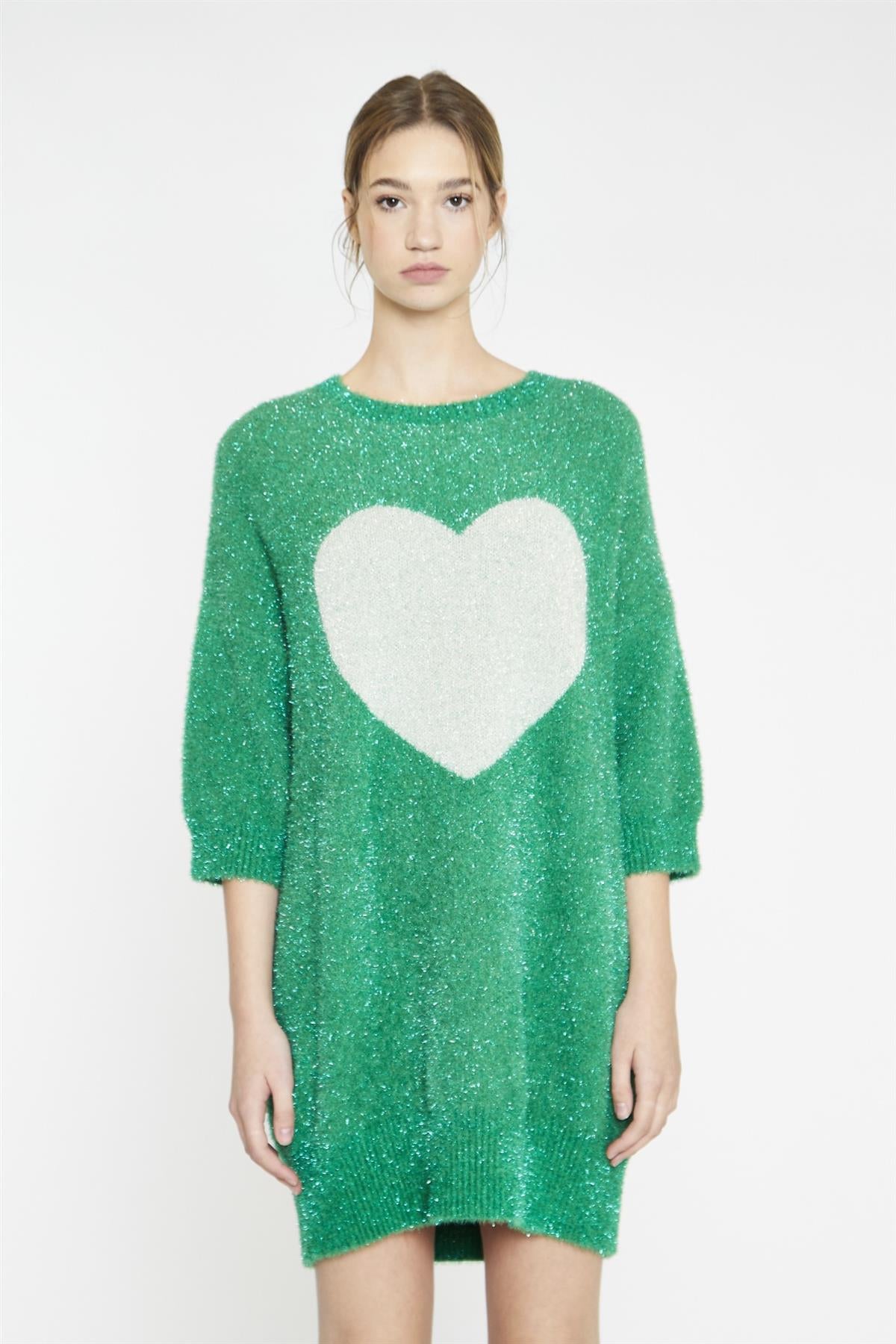Green White Glitter Heart Sweater Mini-Dress