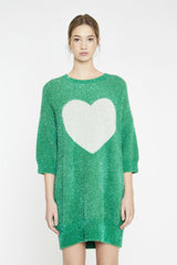 Green White Glitter Heart Sweater Mini-Dress