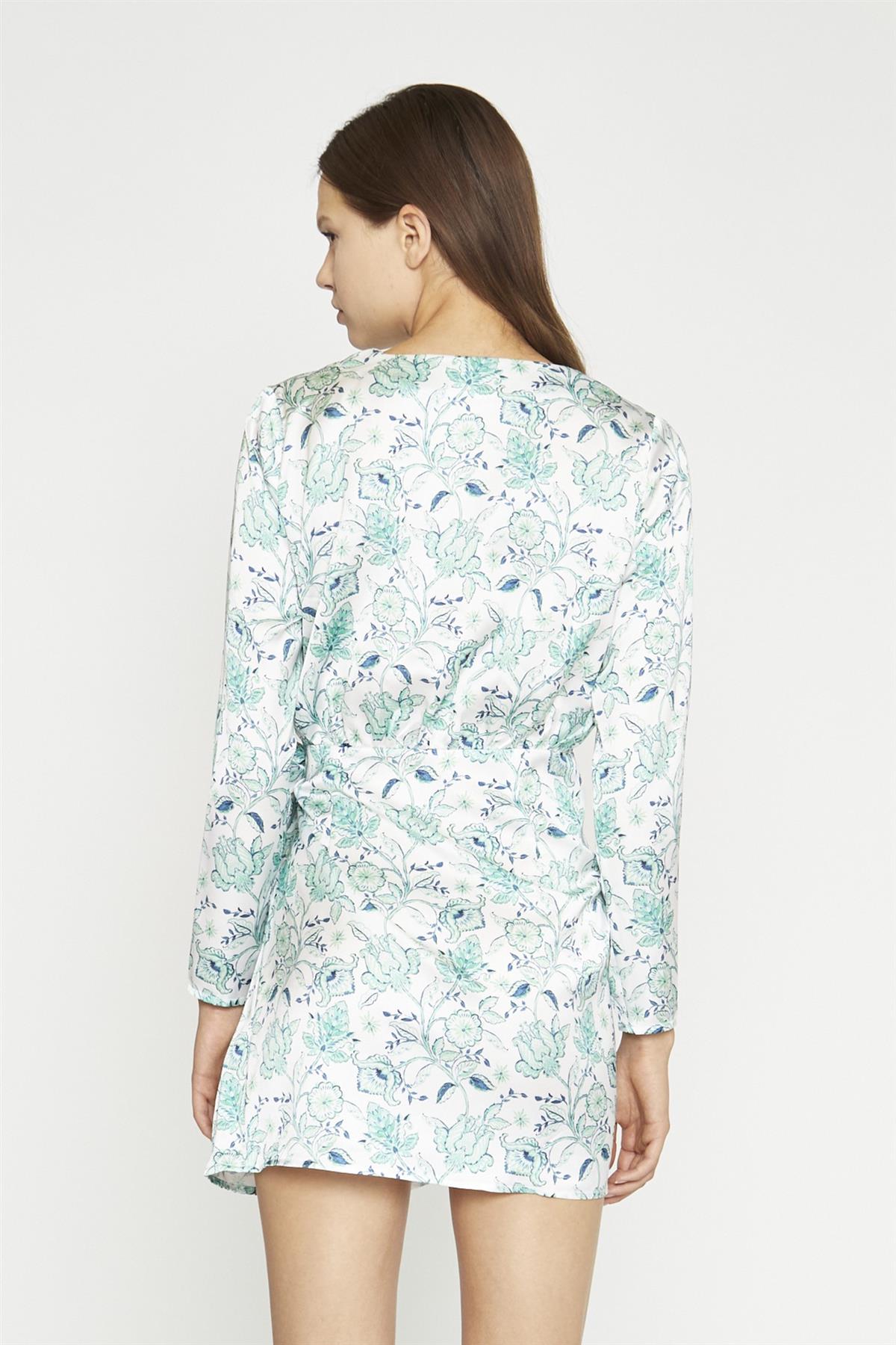 White-Mint Paisley Satin Wrap Mini-Dress