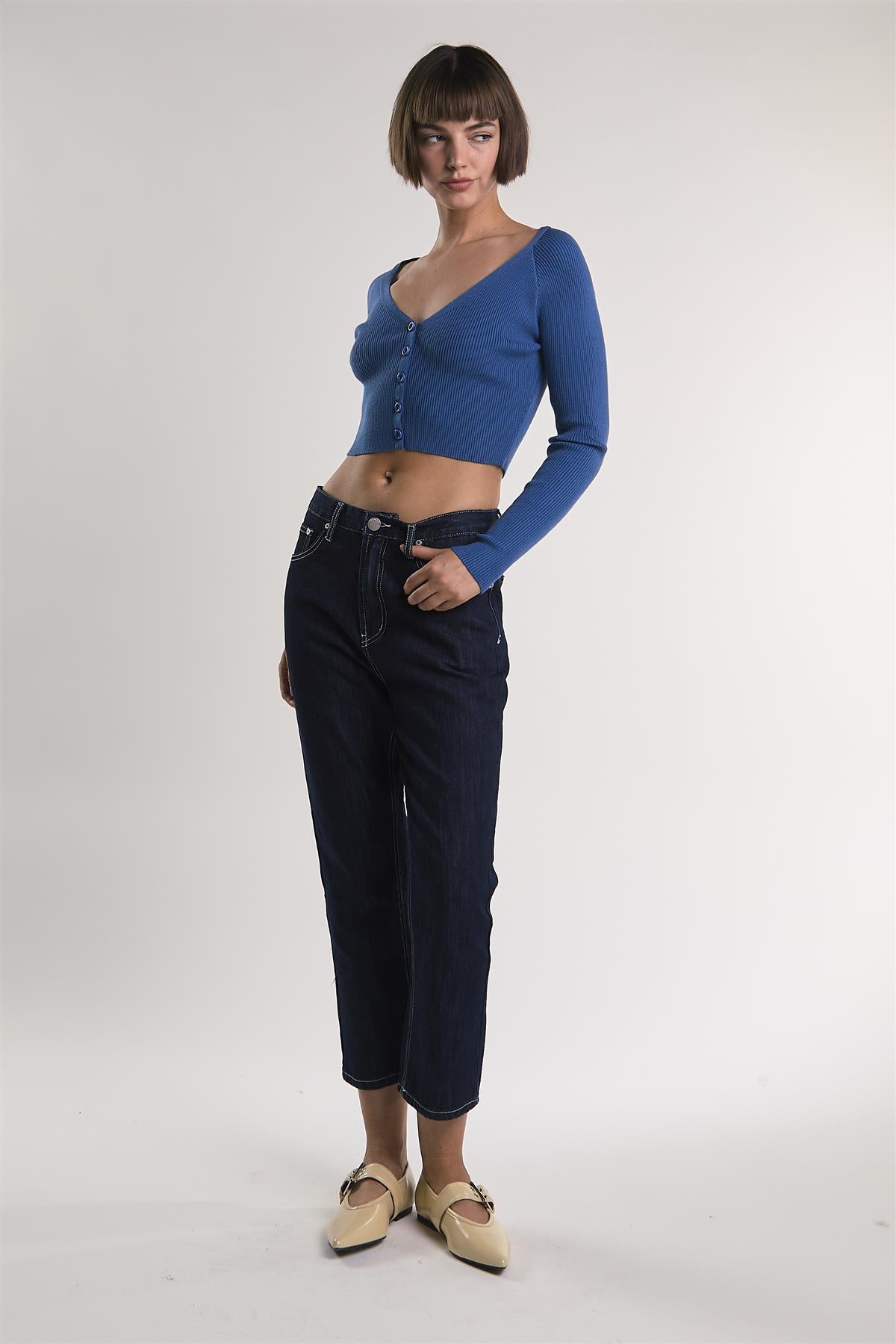 Legion-Blue Ribbed-Long-Sleeve Crop-Top