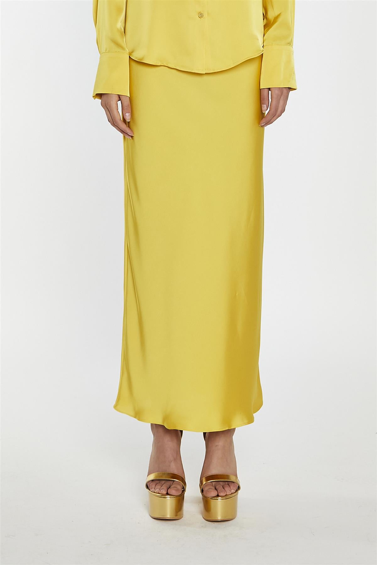 Yellow Satin Bias-Cut Midi-Skirt