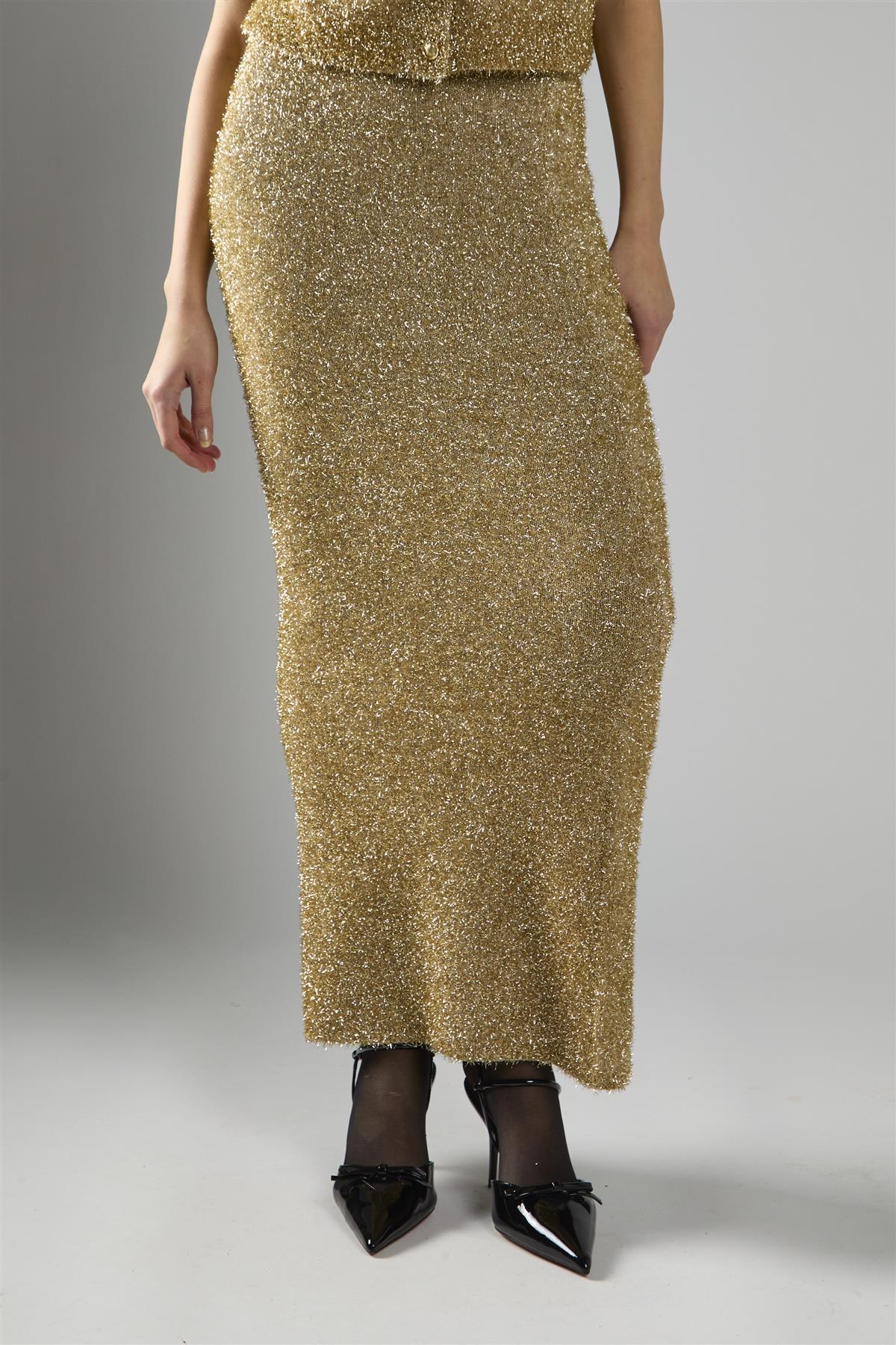 Gold Tinsel High Waisted Maxi Skirt