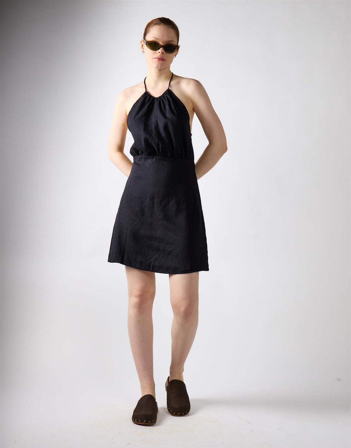 Open Tie Back Mini Dress - Black Linen