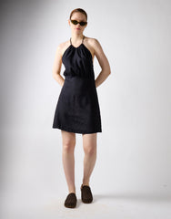 Open Tie Back Mini Dress - Black Linen