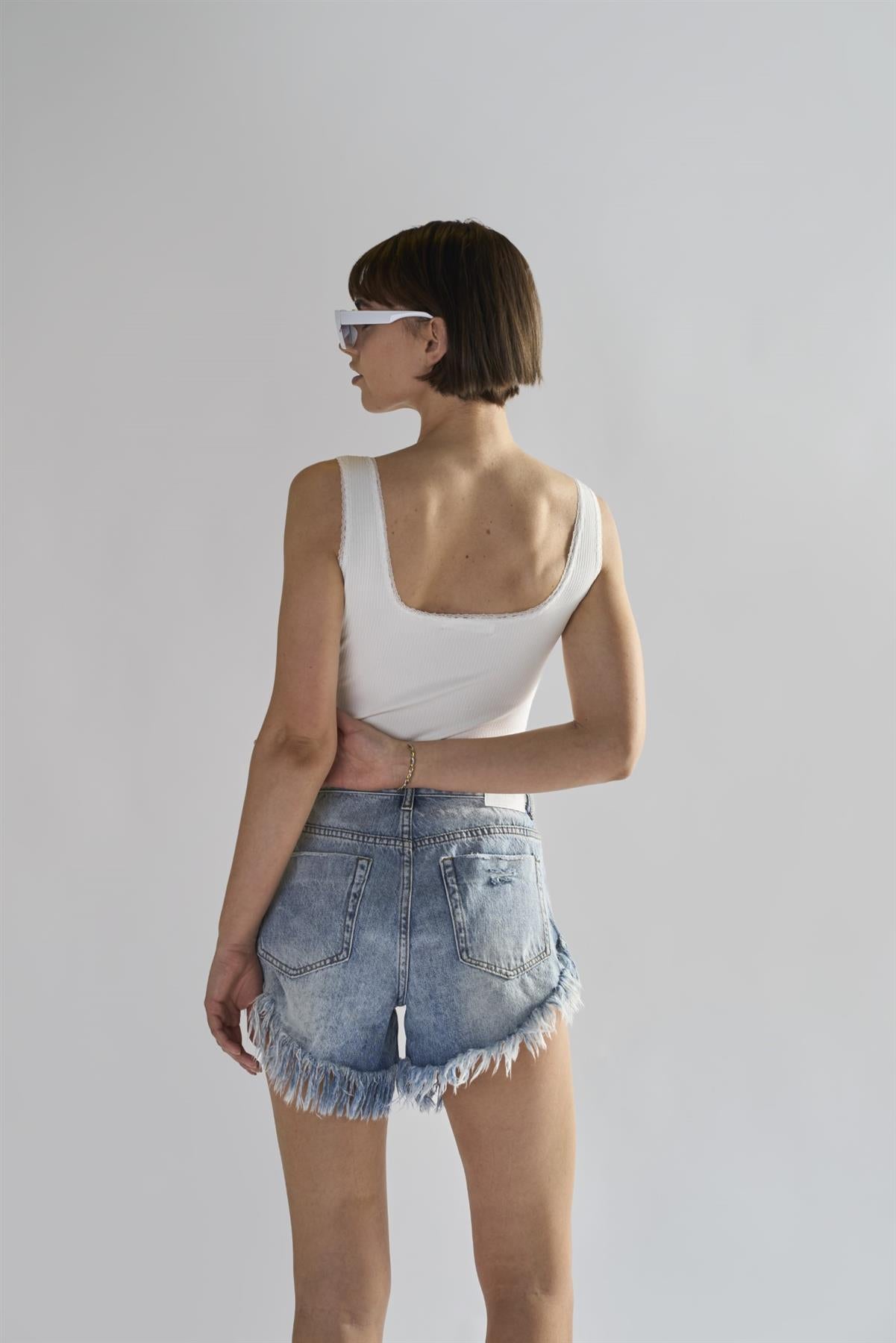 Antique-Wash High-Waisted Distressed Denim-Shorts