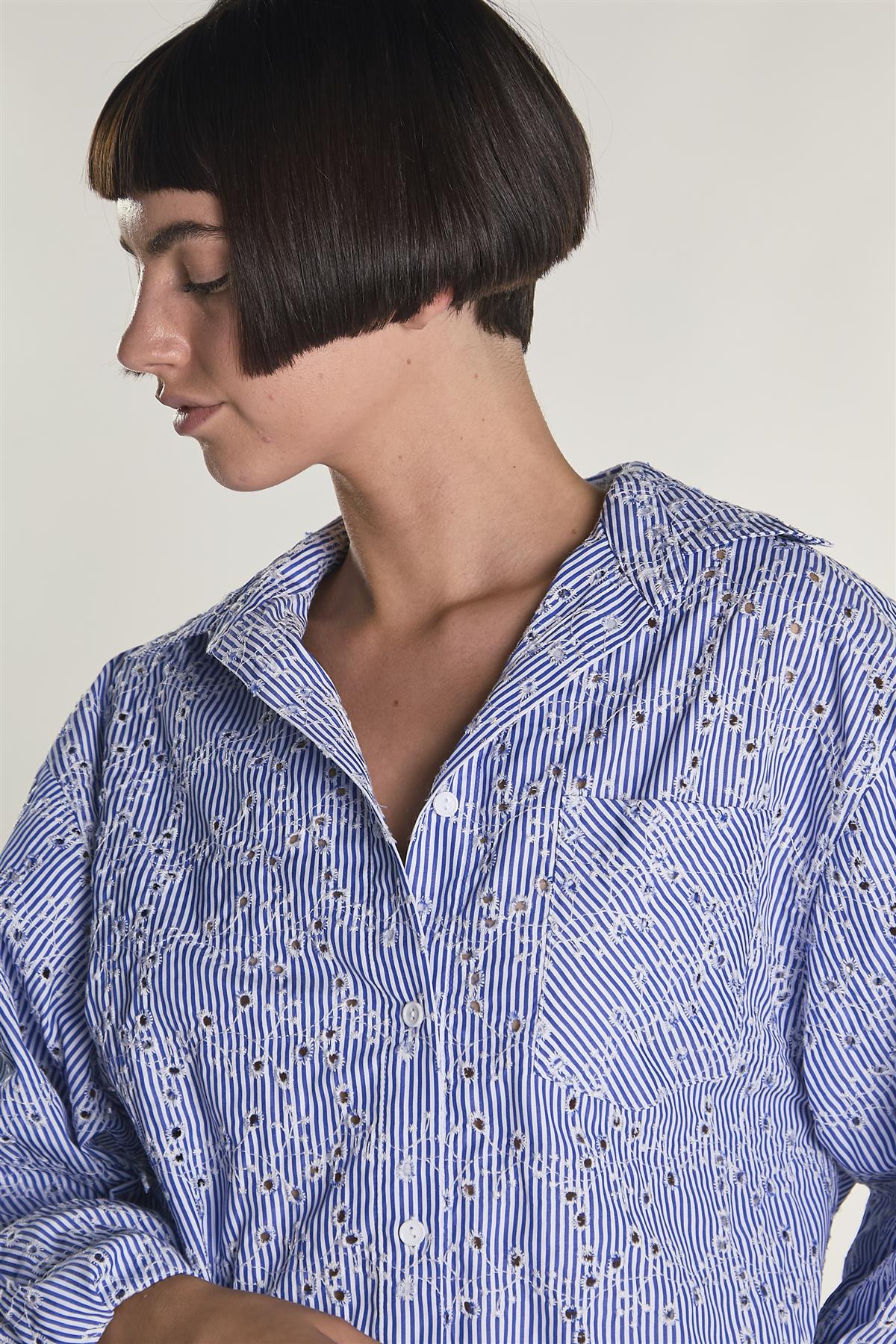 Embroidered Stripe Button Shirt