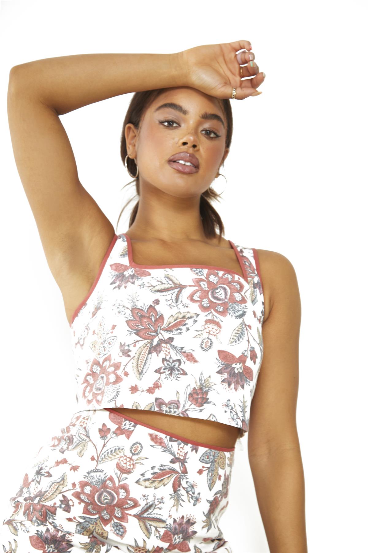 Rustic Floral Red Square-Neck Crop-Top