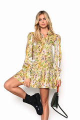 Smudgy Floral Tiered Puff Sleeve Shirt Dress