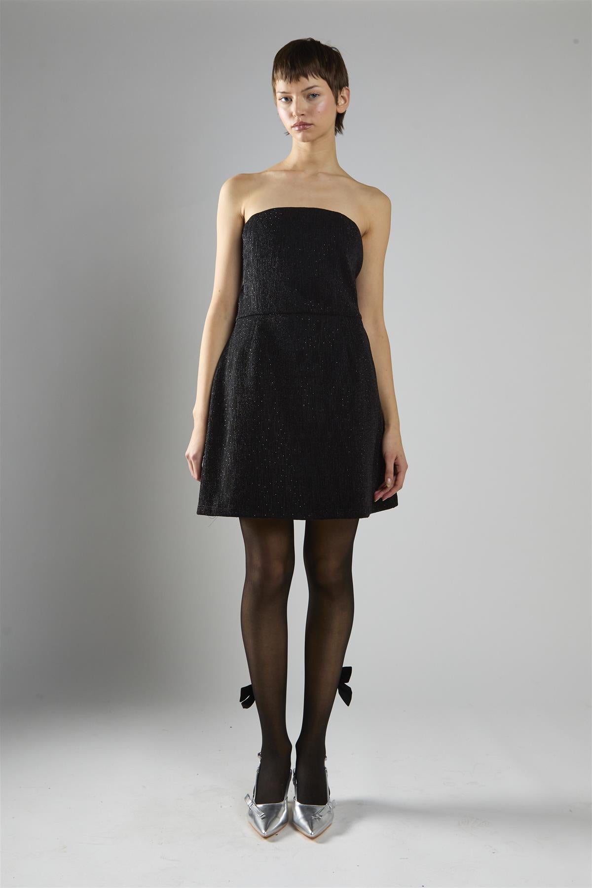 Black-Glitter A-Line Bandeau Mini-Dress