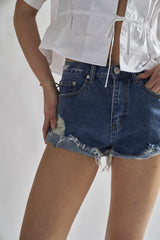 Mid-Stonewash Ripped Denim Shorts