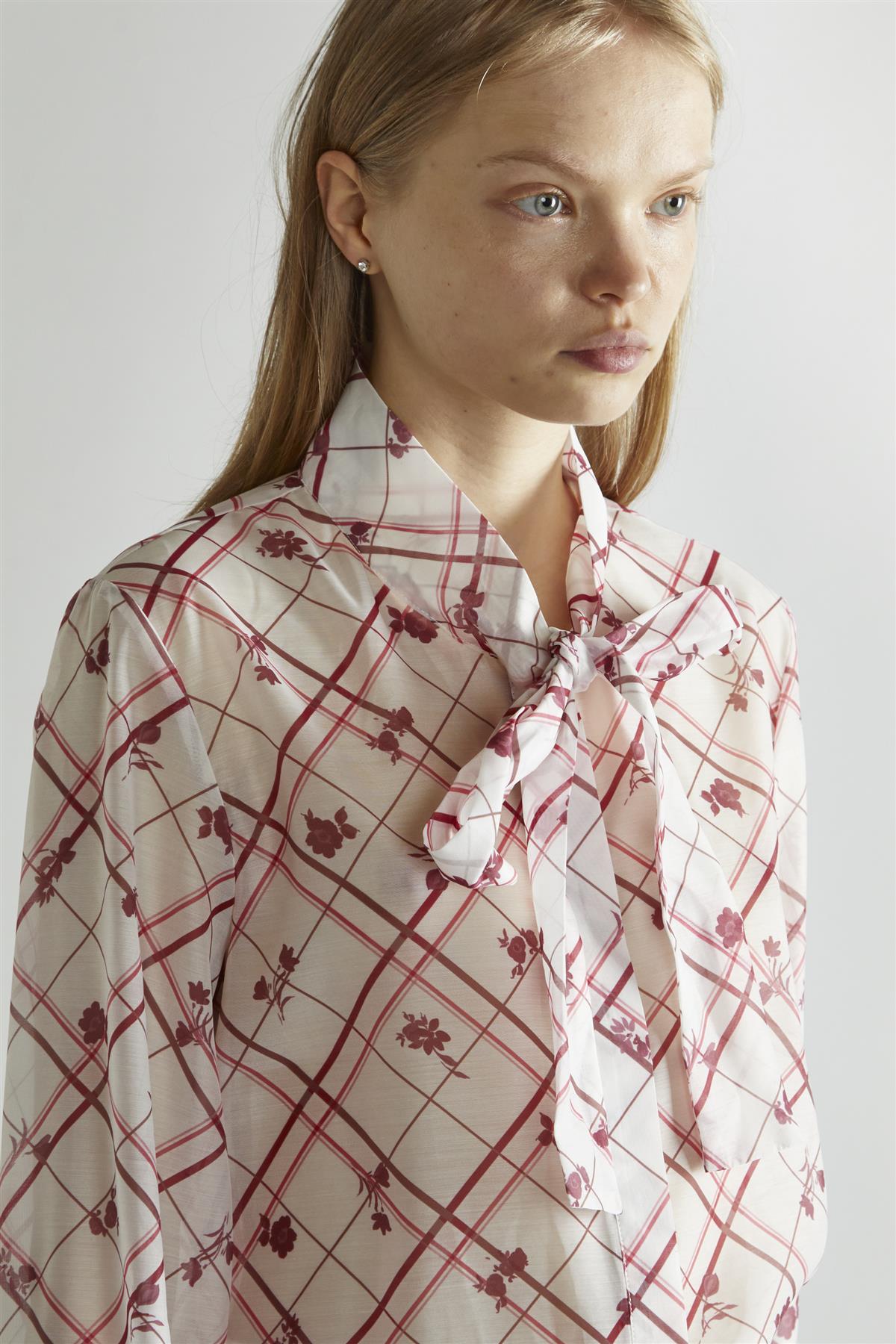 Burgundy Floral Check Tie Detail Blouse