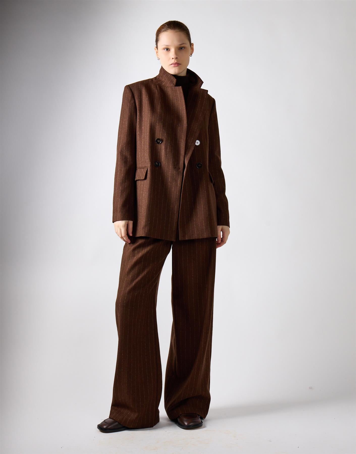 Narrated Brown Pinstriped Double-Breasted Suit Jacket