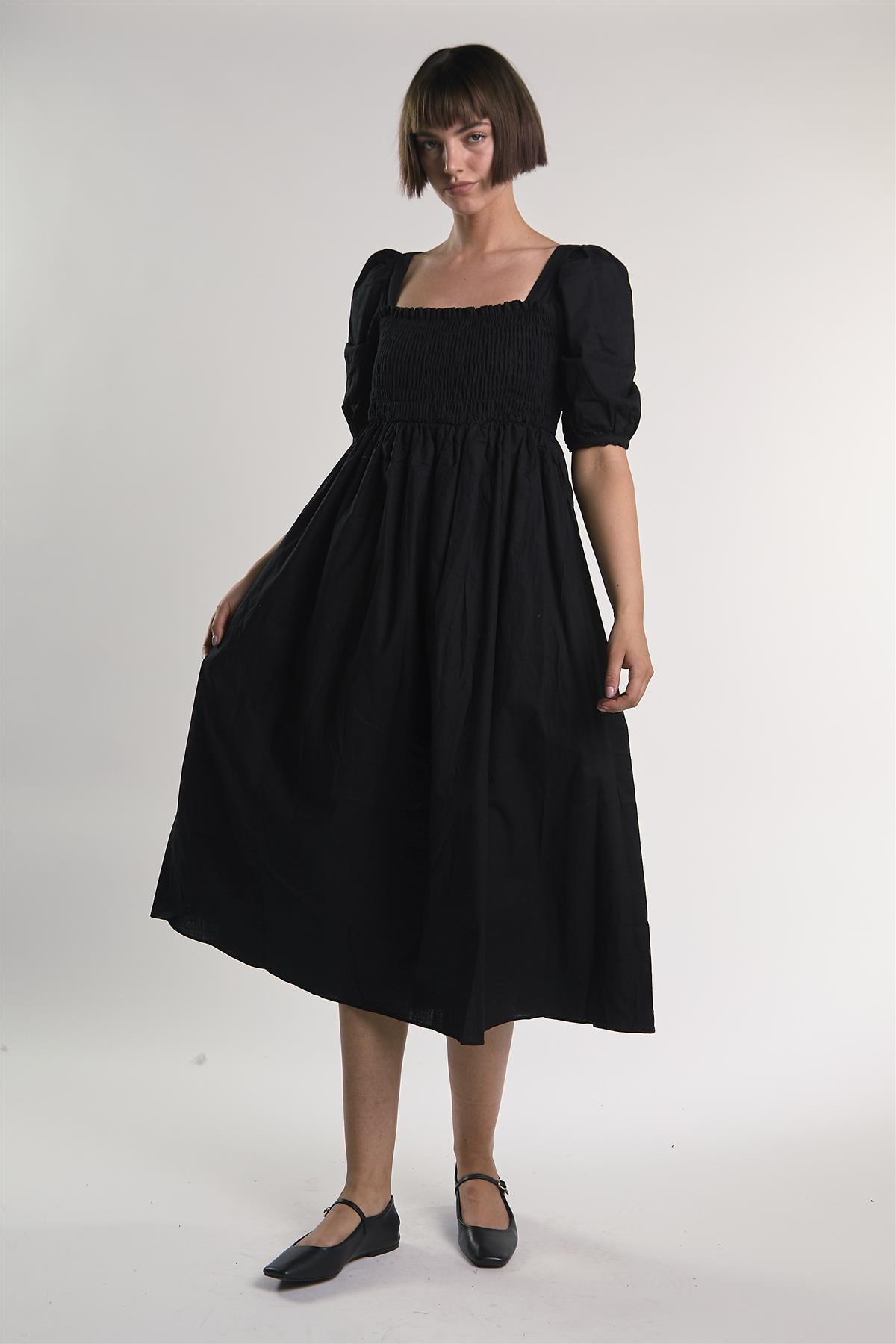 Black Shirred-Front Midi-Dress