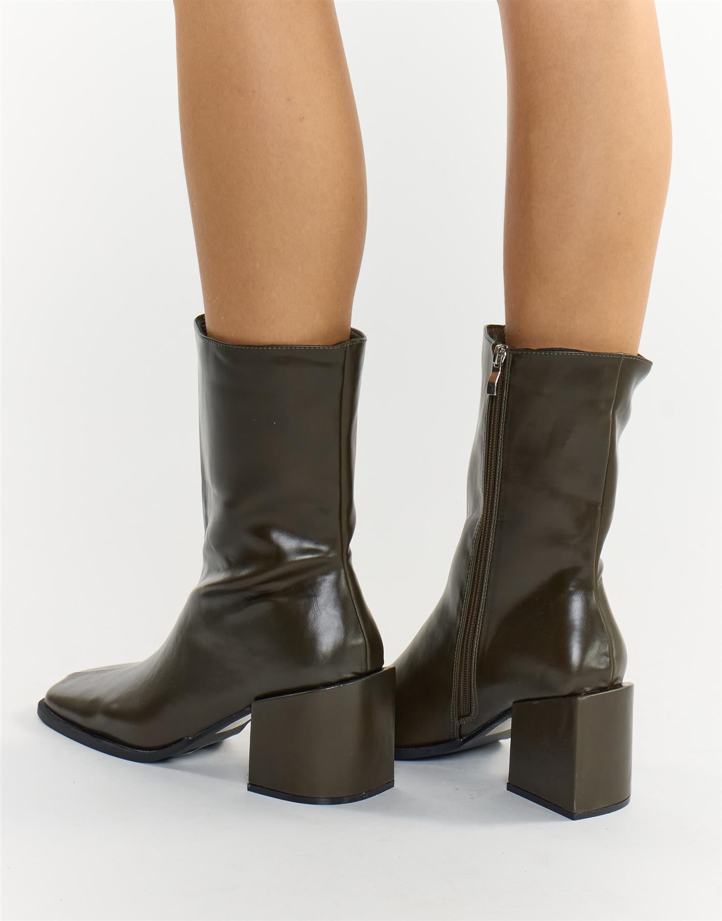 Olive Square Toe Block Heel Ankle Boots