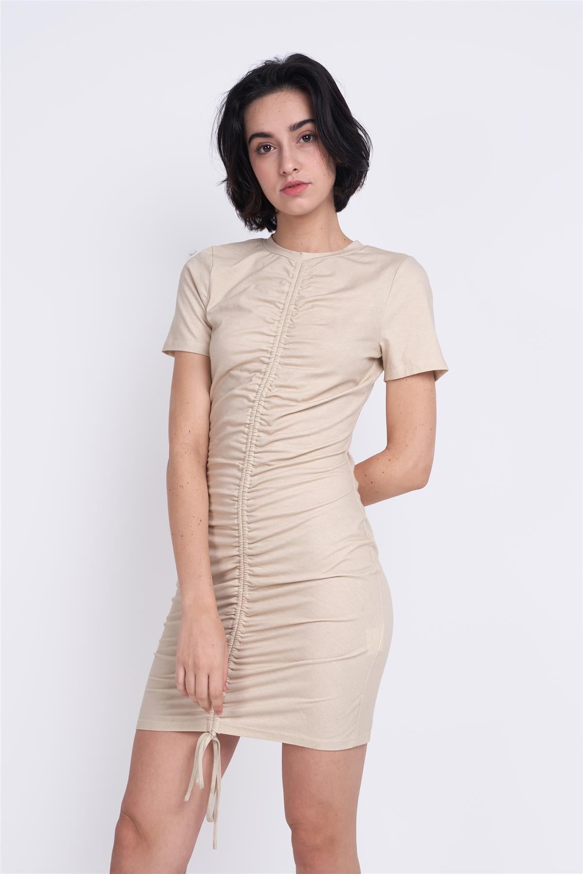 Light-Stone Round-Neck-Short-Sleeves Mini-Dresses